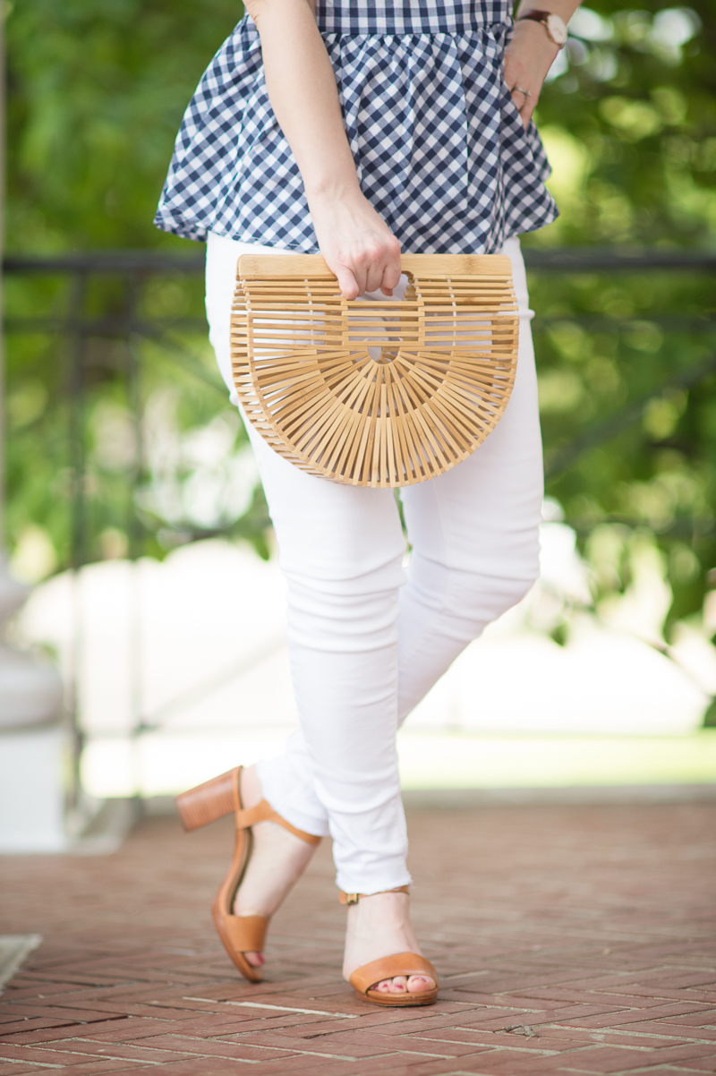 Petite Fashion and Style Blog | Shein Gingham Bow Tie Split Back Peplum Top | Hudson Mid Rise Ankle Skinny Jeans | Cult Gaia Gaia's Ark | Click to Read More...