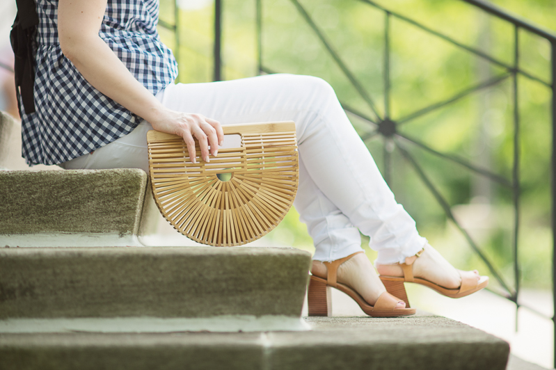 Petite Fashion and Style Blog | Shein Gingham Bow Tie Split Back Peplum Top | Hudson Mid Rise Ankle Skinny Jeans | Cult Gaia Gaia's Ark | Click to Read More...