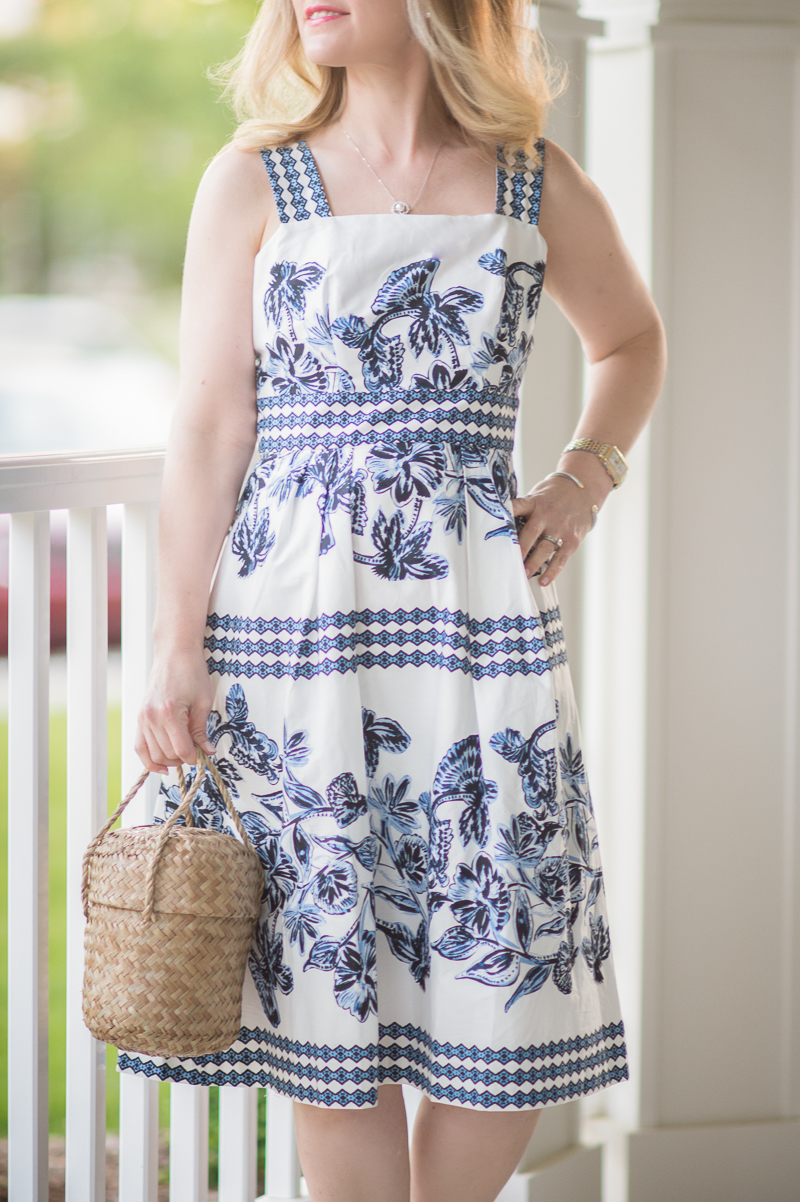 Petite Fashion and Style Blog | Vince Camuto Fit and Flare Dress | Doen Phoebe Bag | Stuart Weitzman Peekamid Pump | Click to Read More...