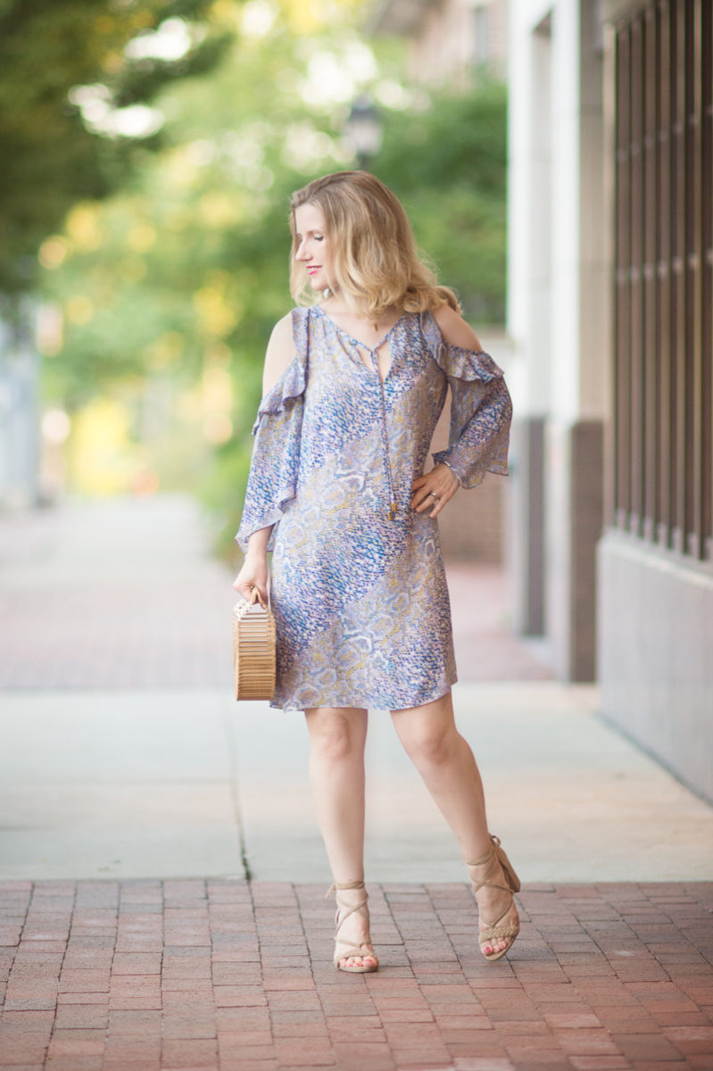 Petite Fashion and Style Blog | Alice and Trixie Rafaella Cold Shoulder Dress | Cult Gaia Gaia's Ark Bag | Raye Lulu Heel in Tan| Click to Read More...
