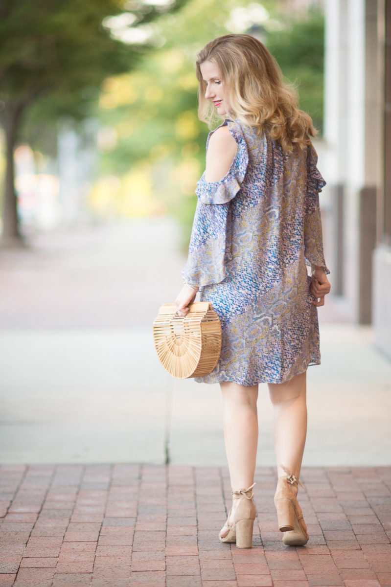 Petite Fashion and Style Blog | Alice and Trixie Rafaella Cold Shoulder Dress | Cult Gaia Gaia's Ark Bag | Raye Lulu Heel in Tan| Click to Read More...