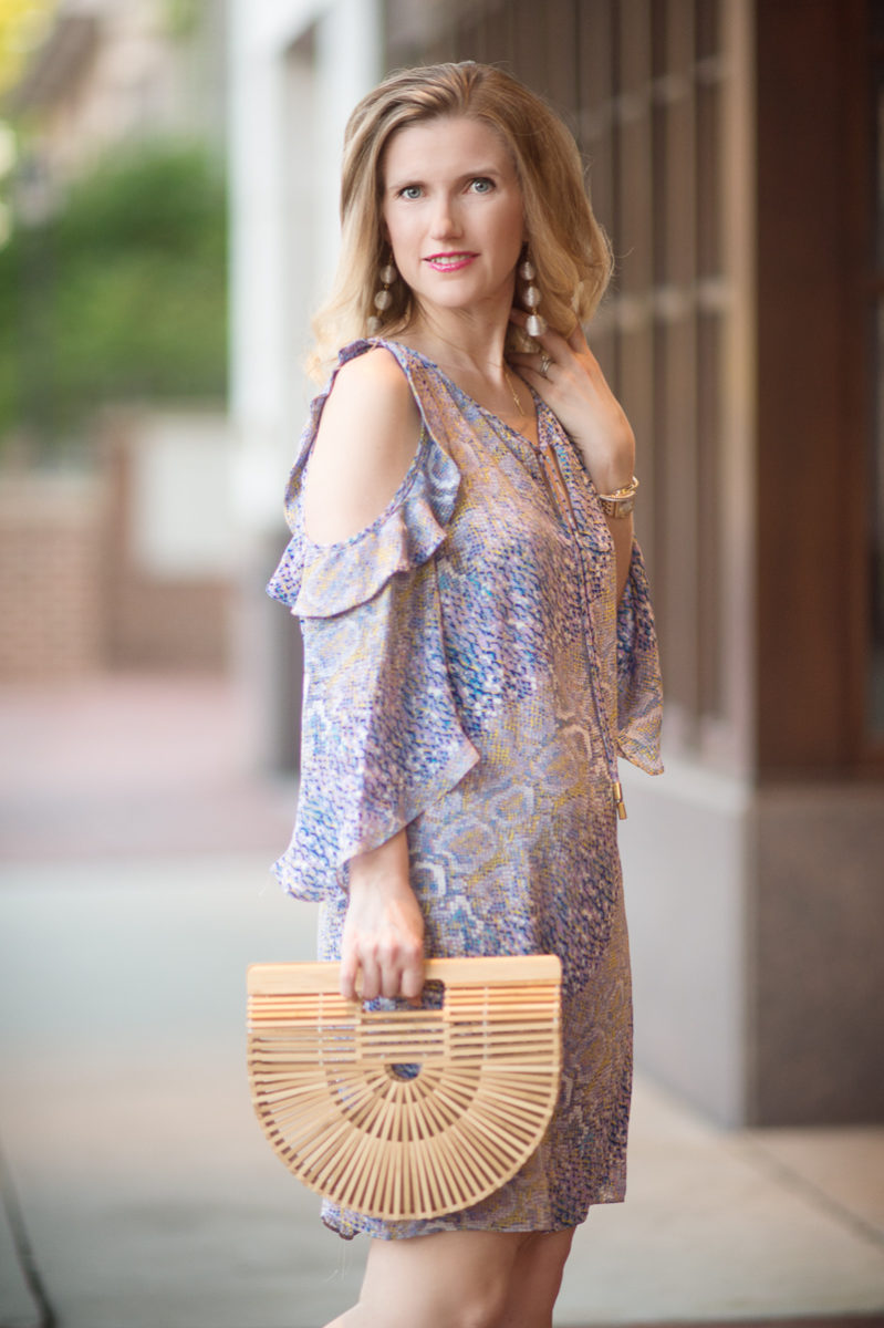 Petite Fashion and Style Blog | Alice and Trixie Rafaella Cold Shoulder Dress | Cult Gaia Gaia's Ark Bag | Raye Lulu Heel in Tan| Click to Read More...