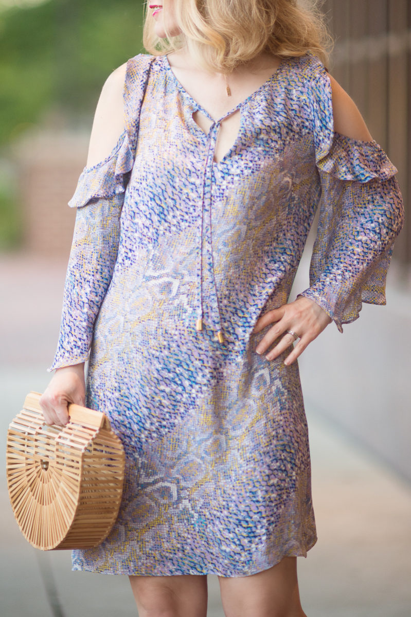 Petite Fashion and Style Blog | Alice and Trixie Rafaella Cold Shoulder Dress | Cult Gaia Gaia's Ark Bag | Raye Lulu Heel in Tan| Click to Read More...