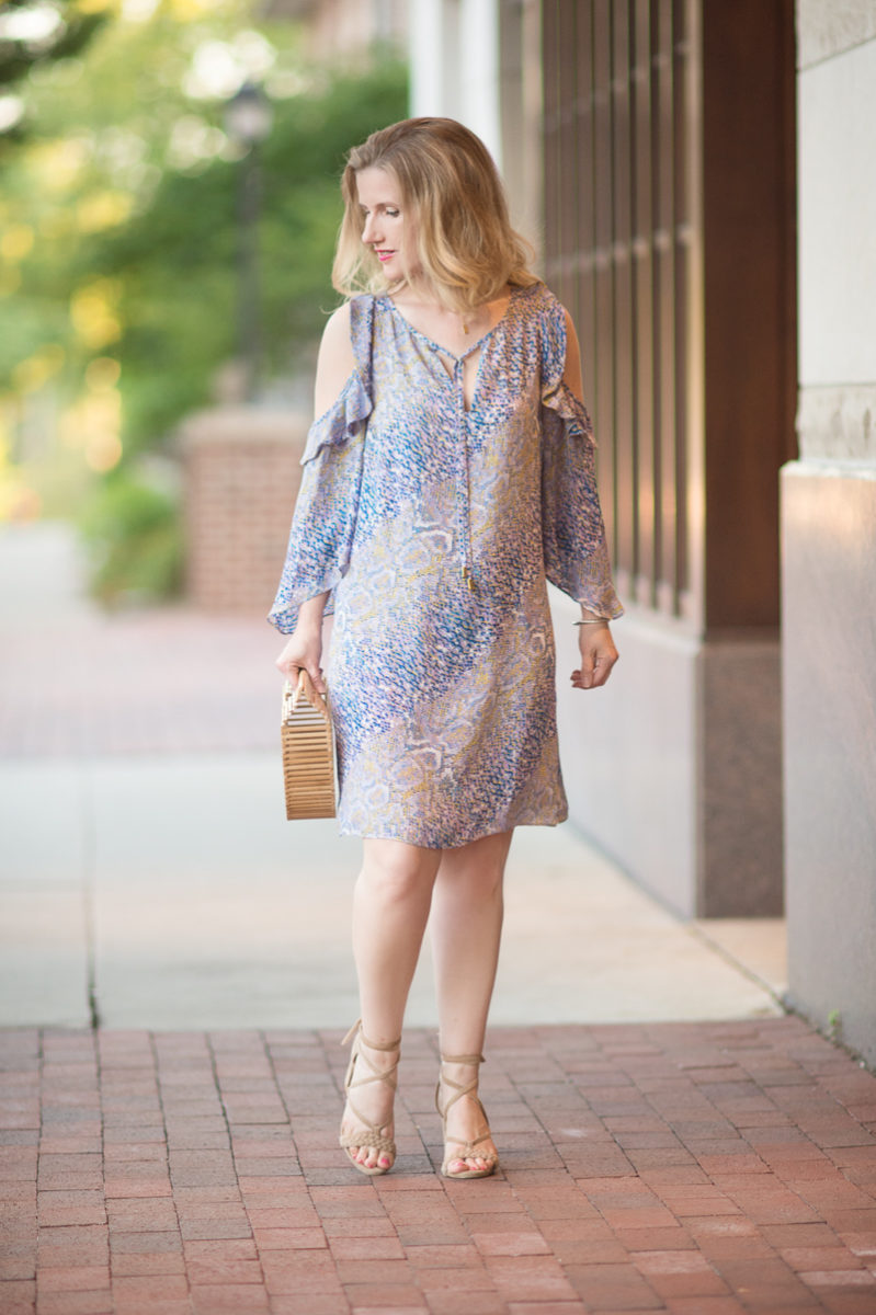 Petite Fashion and Style Blog | Alice and Trixie Rafaella Cold Shoulder Dress | Cult Gaia Gaia's Ark Bag | Raye Lulu Heel in Tan| Click to Read More...