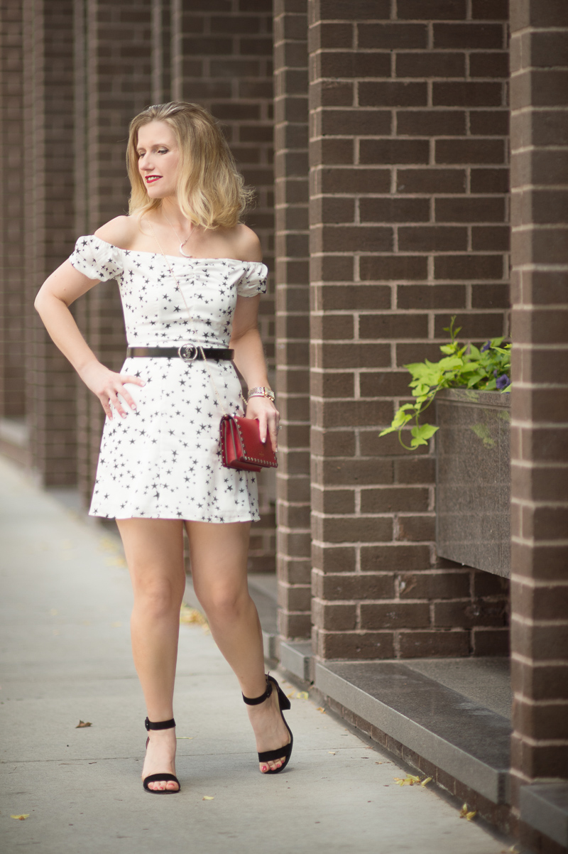 Petite Fashion and Style Blog | By the Way Lux off Shoulder Skater Dress | YSL Serpent Belt | Valentino Rockstud Crossbody Bag | Ann Taylor Leda Heels | Click to Read More...