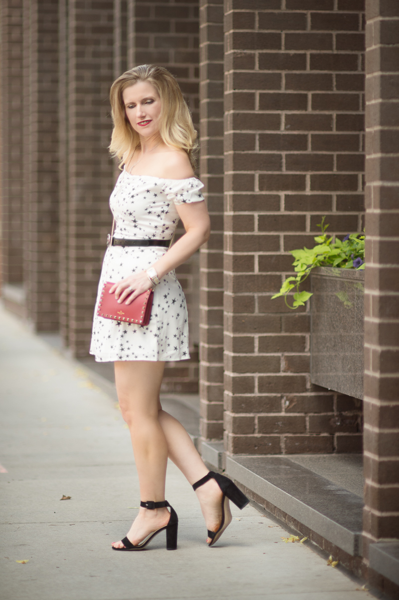 Petite Fashion and Style Blog | By the Way Lux off Shoulder Skater Dress | YSL Serpent Belt | Valentino Rockstud Crossbody Bag | Ann Taylor Leda Heels | Click to Read More...