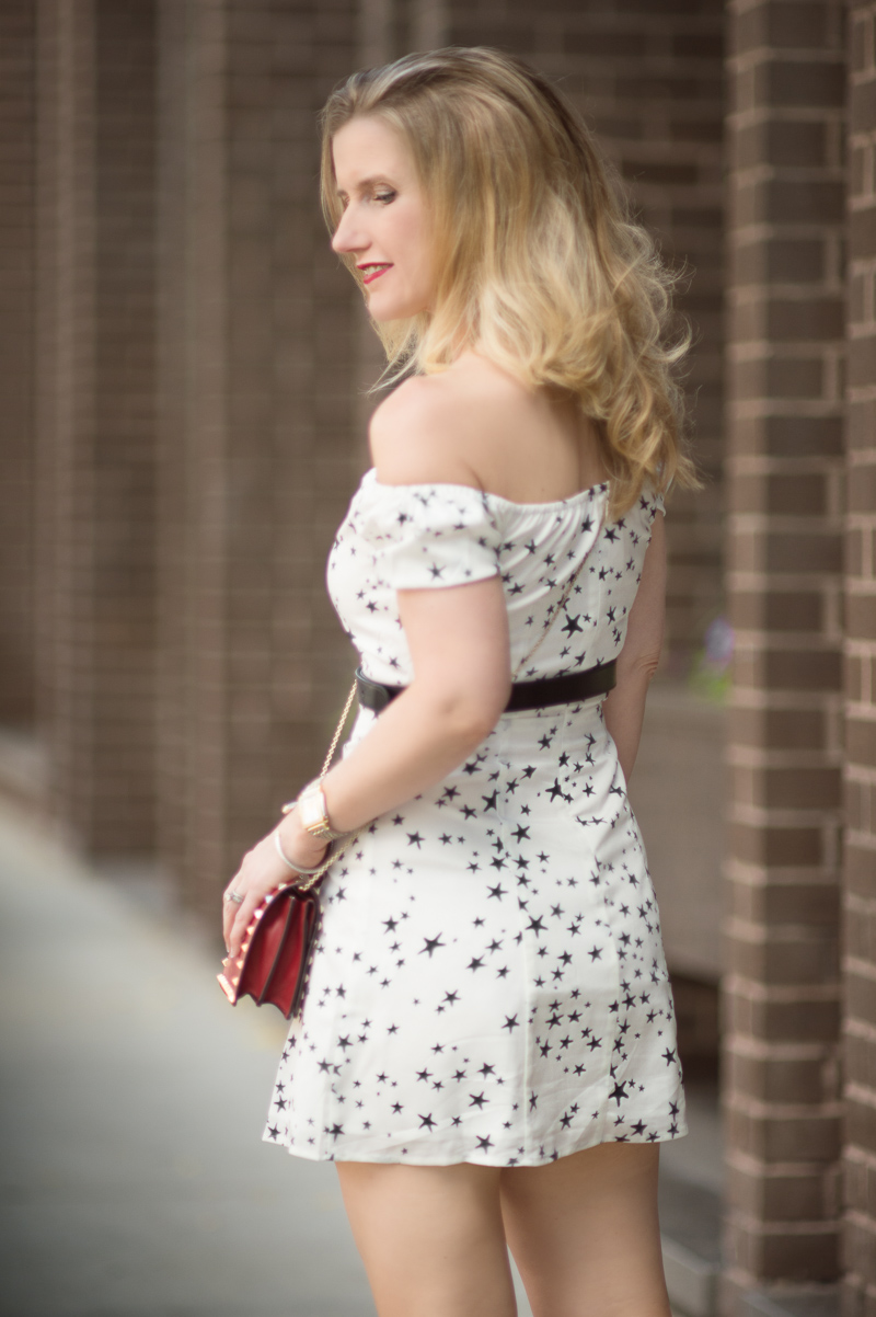 Petite Fashion and Style Blog | By the Way Lux off Shoulder Skater Dress | YSL Serpent Belt | Valentino Rockstud Crossbody Bag | Ann Taylor Leda Heels | Click to Read More...