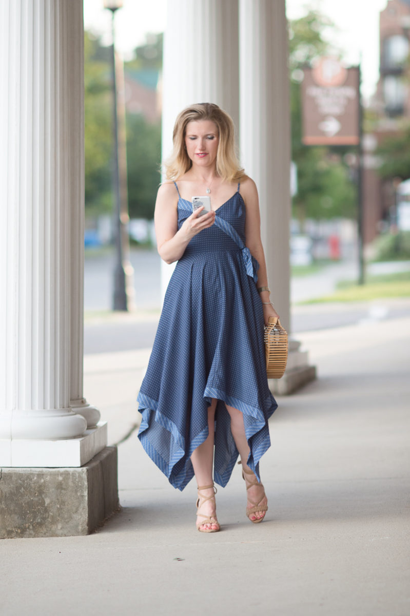 Petite Fashion and Style Blog | CaseApp Custom Phone Case | Banana Republic Print Strappy Handkerchief-Hem Dress | Cult Gaia Gaia's Ark Bag | Click to Read More...