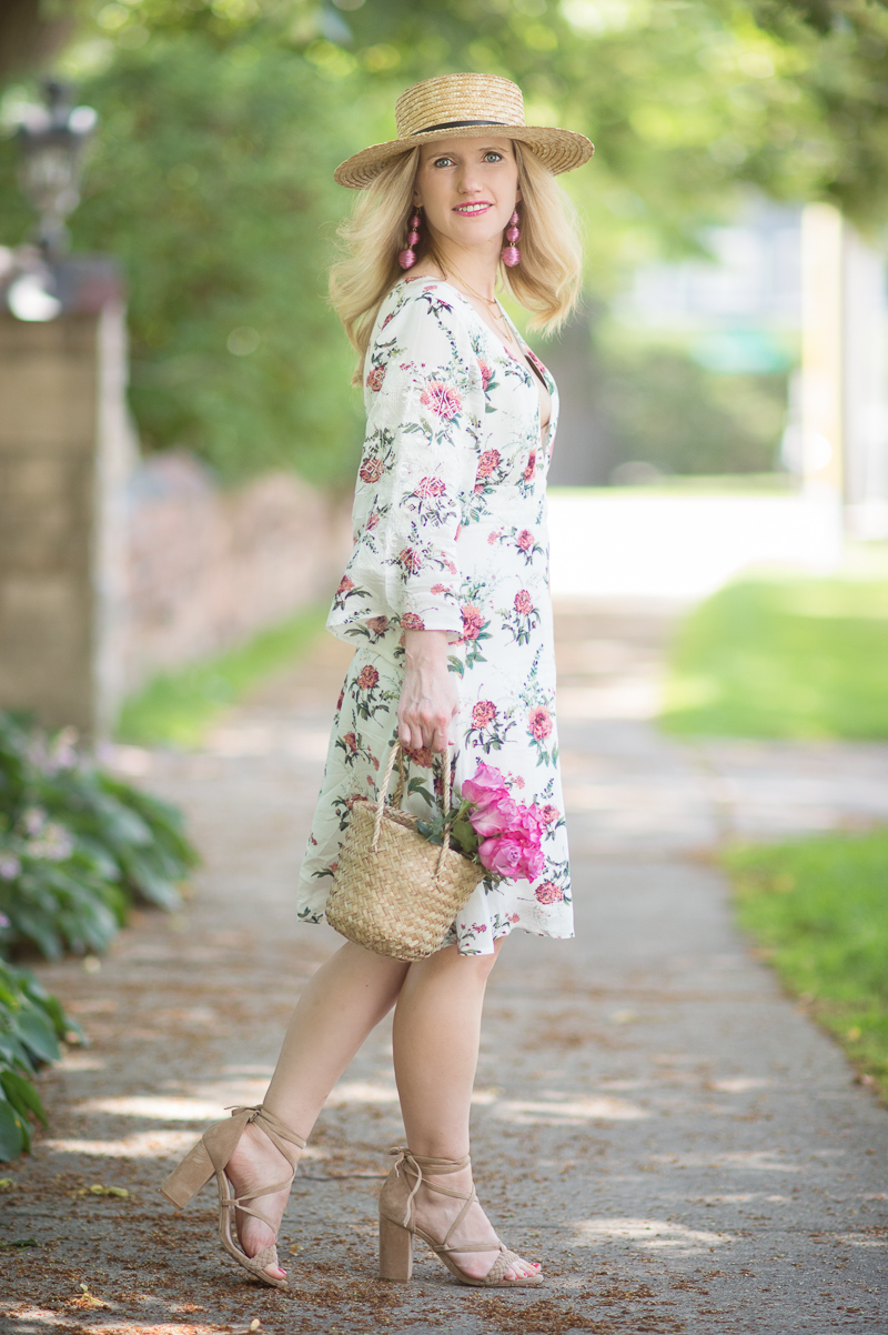Petite Fashion and Style Blog | Sara Boo USA Women's Embroidered Floral 3-4 Sleeve Dress | Raye Lulu Heel | Doen Phoebe Basket Bag | Click to Read More...