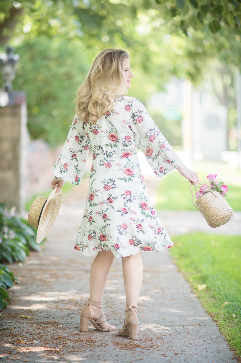 Petite Fashion and Style Blog | Sara Boo USA Women's Embroidered Floral 3-4 Sleeve Dress | Raye Lulu Heel | Doen Phoebe Basket Bag | Click to Read More...