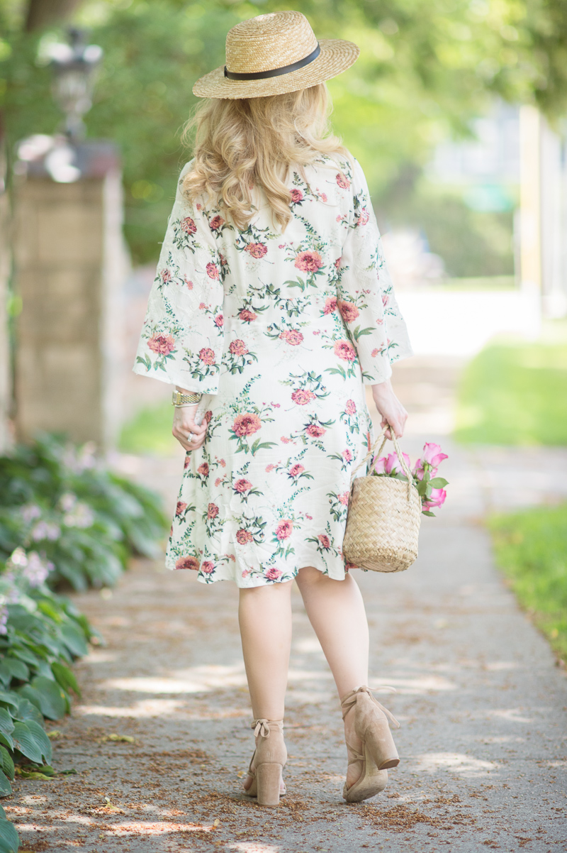 Petite Fashion and Style Blog | Sara Boo USA Women's Embroidered Floral 3-4 Sleeve Dress | Raye Lulu Heel | Doen Phoebe Basket Bag | Click to Read More...
