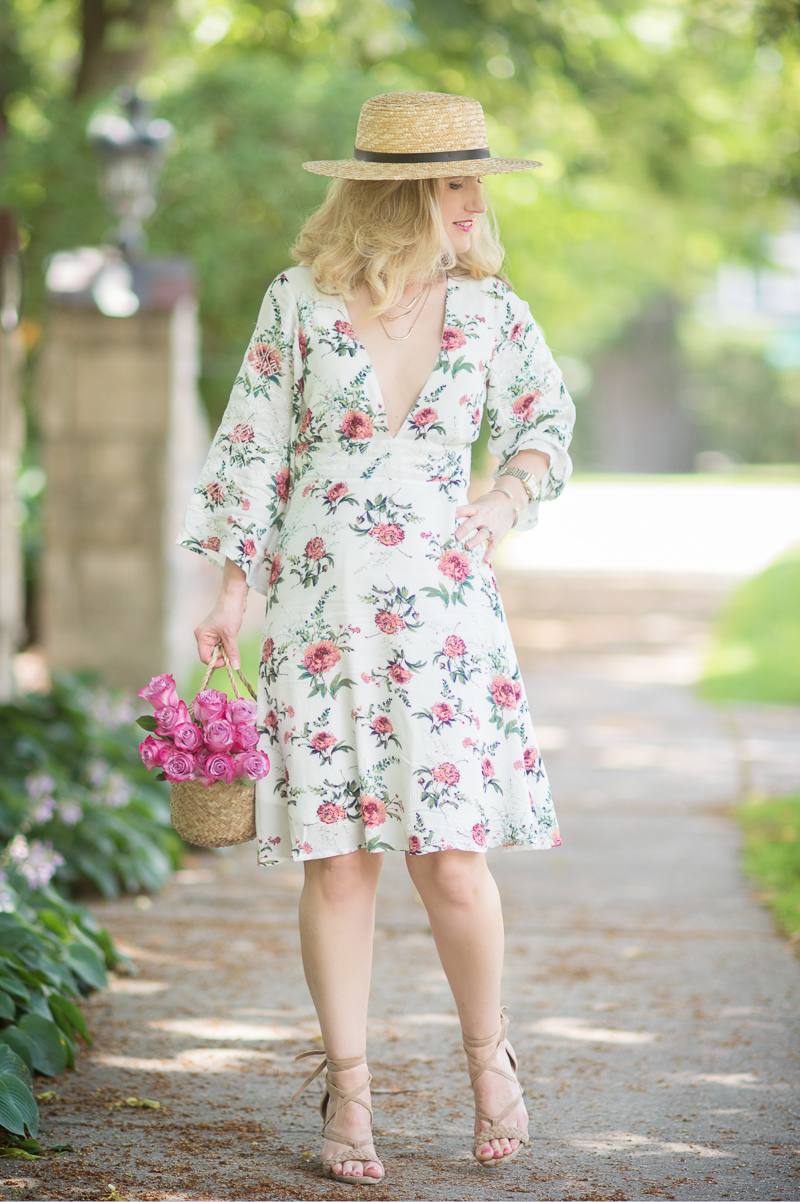 Petite Fashion and Style Blog | Sara Boo USA Women's Embroidered Floral 3-4 Sleeve Dress | Raye Lulu Heel | Doen Phoebe Basket Bag | Click to Read More...