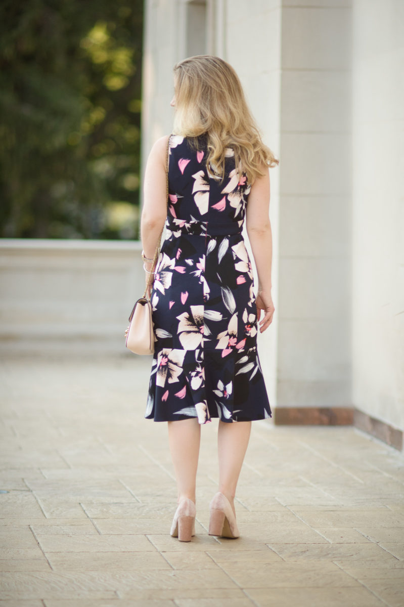 Petite Fashion and Style Blog | Vince Camuto Stretch Fit and Flare Dress | Louise et Cie Jianna Stacked Heel Pump | Click to Read More...