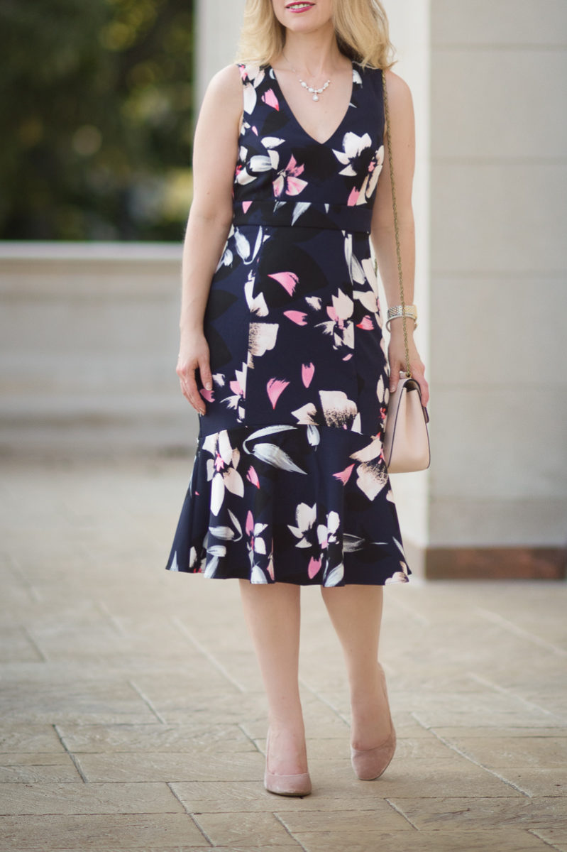 Petite Fashion and Style Blog | Vince Camuto Stretch Fit and Flare Dress | Louise et Cie Jianna Stacked Heel Pump | Click to Read More...