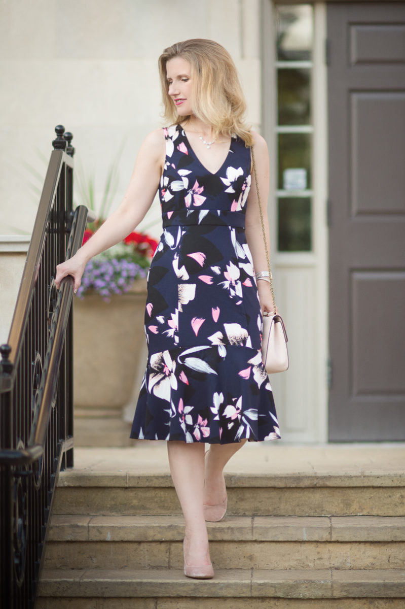 Petite Fashion and Style Blog | Vince Camuto Stretch Fit and Flare Dress | Louise et Cie Jianna Stacked Heel Pump | Click to Read More...