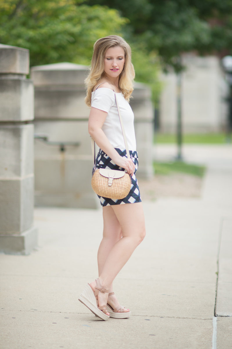 Petite Fashion and Style Blog | Ann Taylor Gingham City Shorts | Ann Taylor Off the Shoulder Top | Sea and Grass Straw Crossbody Purse | Sergio Rossi Platform Sandals