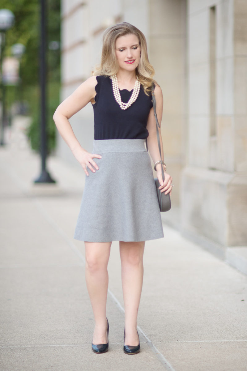 Petite Fashion and Style Blog | Ann Taylor Scallop Trim Sweater Shell | Cole Haan Navy Pumps | Celine Small Trotteur Bag | Click to Read More...