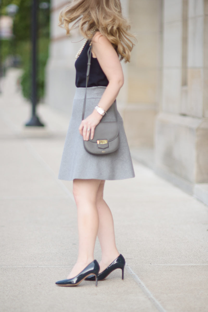 Petite Fashion and Style Blog | Ann Taylor Scallop Trim Sweater Shell | Cole Haan Navy Pumps | Celine Small Trotteur Bag | Click to Read More...