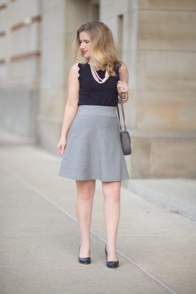 Petite Fashion and Style Blog | Ann Taylor Scallop Trim Sweater Shell | Cole Haan Navy Pumps | Celine Small Trotteur Bag | Click to Read More...