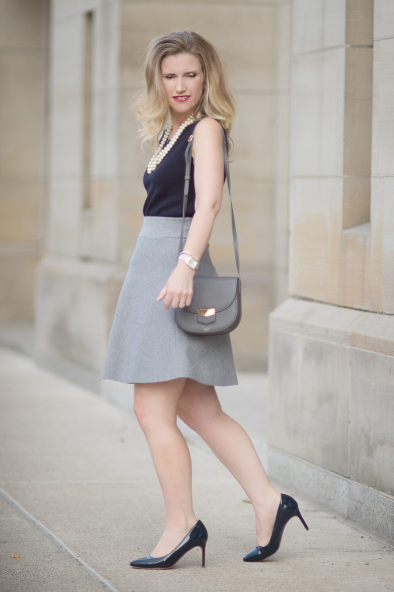 Petite Fashion and Style Blog | Ann Taylor Scallop Trim Sweater Shell | Cole Haan Navy Pumps | Celine Small Trotteur Bag | Click to Read More...