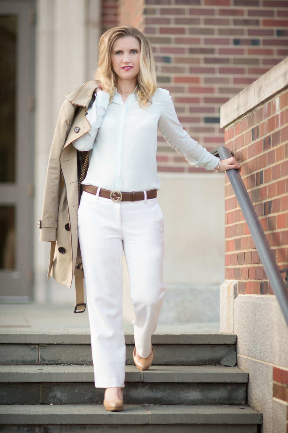 Petite Fashion and Style Blog | Everlane Relaxed Silk Shirt | Ann Taylor Kick Crop Flare Pants | Gucci Marmont Shoulder Bag | Burberry Trench | Click to Read More... - Everlane Relaxed Mint Green Silk Shirt  by Michigan popular petite fashion blogger The Blue Hydrangeas