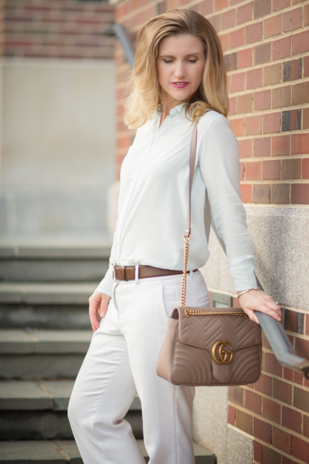 Petite Fashion and Style Blog | Everlane Relaxed Silk Shirt | Ann Taylor Kick Crop Flare Pants | Gucci Marmont Shoulder Bag | Burberry Trench | Click to Read More... - Everlane Relaxed Mint Green Silk Shirt  by Michigan popular petite fashion blogger The Blue Hydrangeas