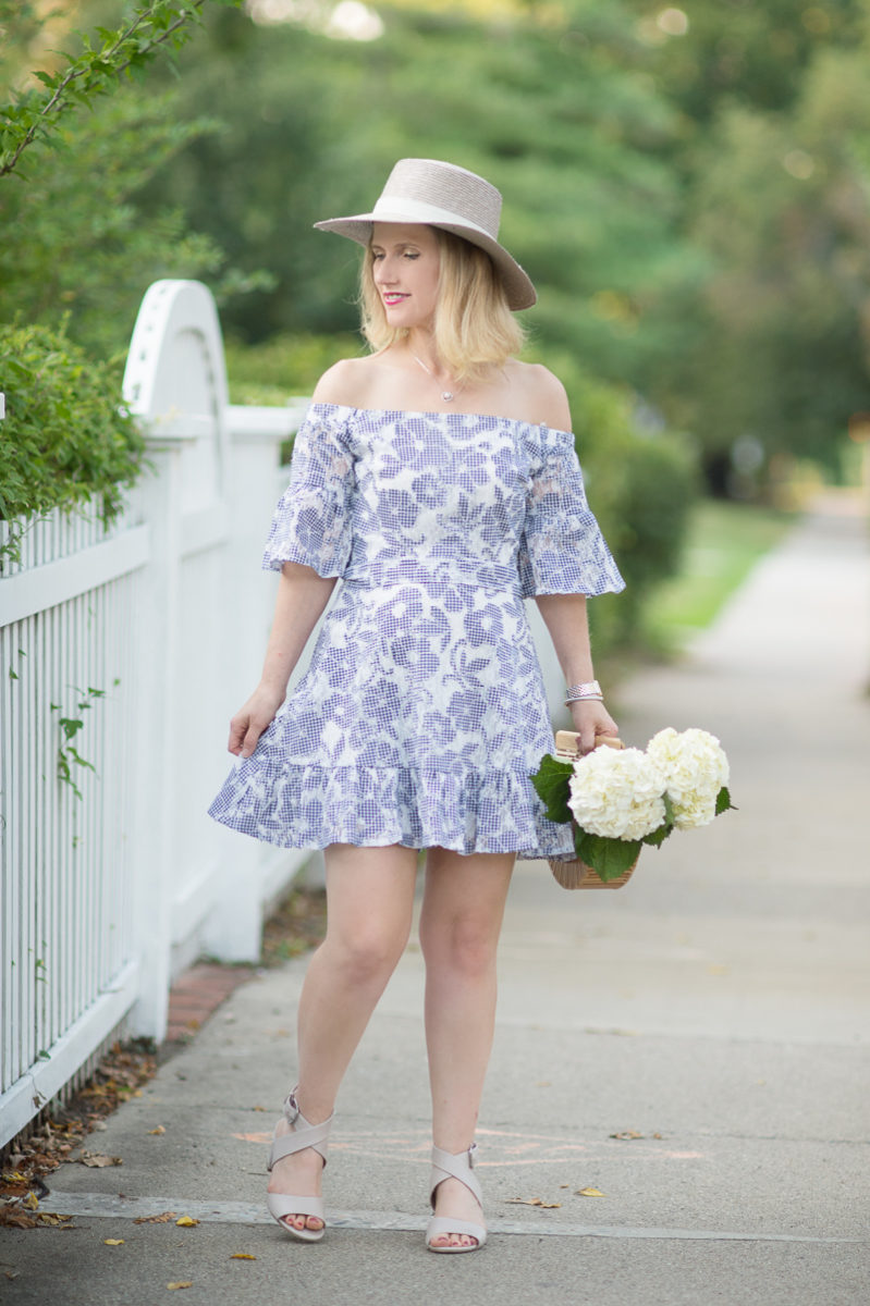 Petite Fashion and Style Blog | J.O.A Floral Lace off the Shoulder Dress | Cult Gaia Gaia's Ark Bag | Janessa Leone hat | Click to Read More...
