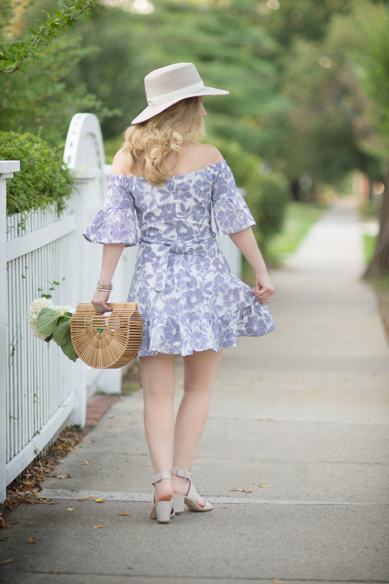 Petite Fashion and Style Blog | J.O.A Floral Lace off the Shoulder Dress | Cult Gaia Gaia's Ark Bag | Janessa Leone hat | Click to Read More...
