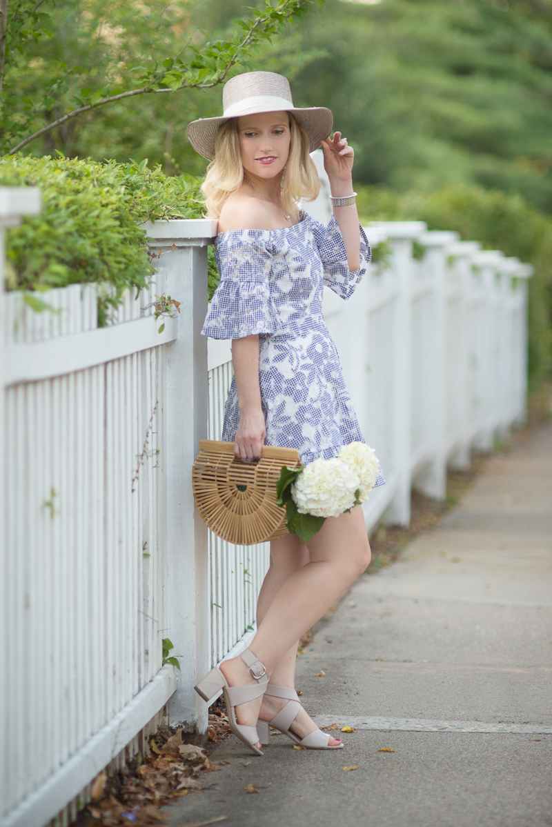Petite Fashion and Style Blog | J.O.A Floral Lace off the Shoulder Dress | Cult Gaia Gaia's Ark Bag | Janessa Leone hat | Click to Read More...