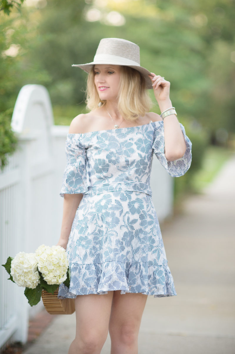 Petite Fashion and Style Blog | J.O.A Floral Lace off the Shoulder Dress | Cult Gaia Gaia's Ark Bag | Janessa Leone hat | Click to Read More...