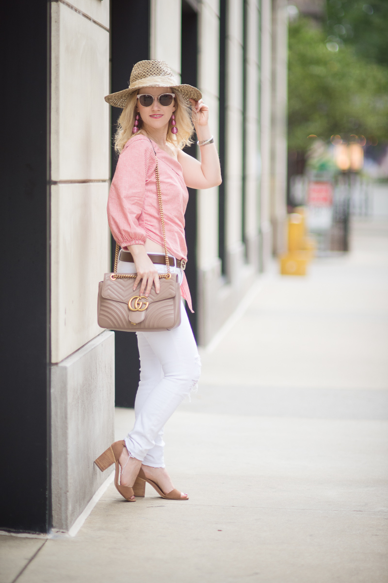 Petite Fashion and Style Blog | Free People Get Down One Sleeve Top | J Brand Jeans | Gucci Leather Belt with Interlocking G | Banana Republic Eugenia Kim Willa Hat | Gucci Marmont Shoulder Bag