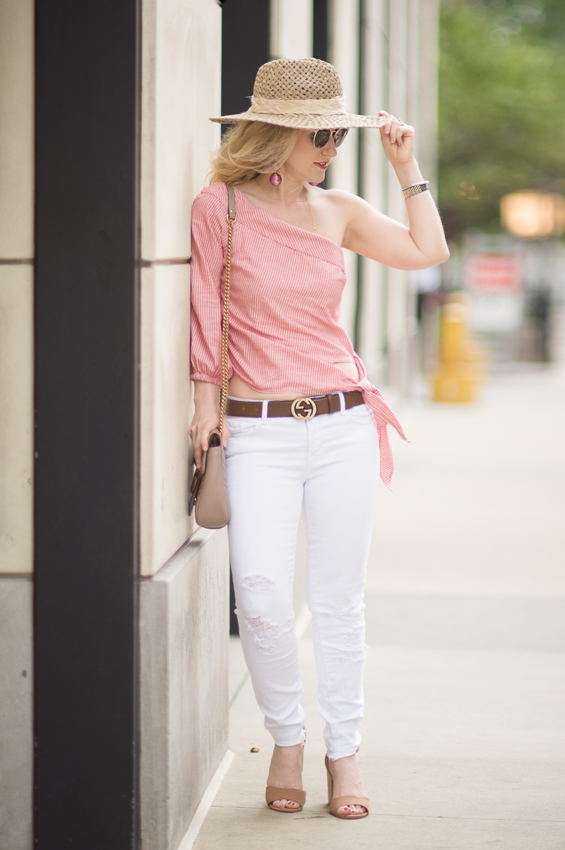 Petite Fashion and Style Blog | Free People Get Down One Sleeve Top | J Brand Jeans | Gucci Leather Belt with Interlocking G | Banana Republic Eugenia Kim Willa Hat | Gucci Marmont Shoulder Bag