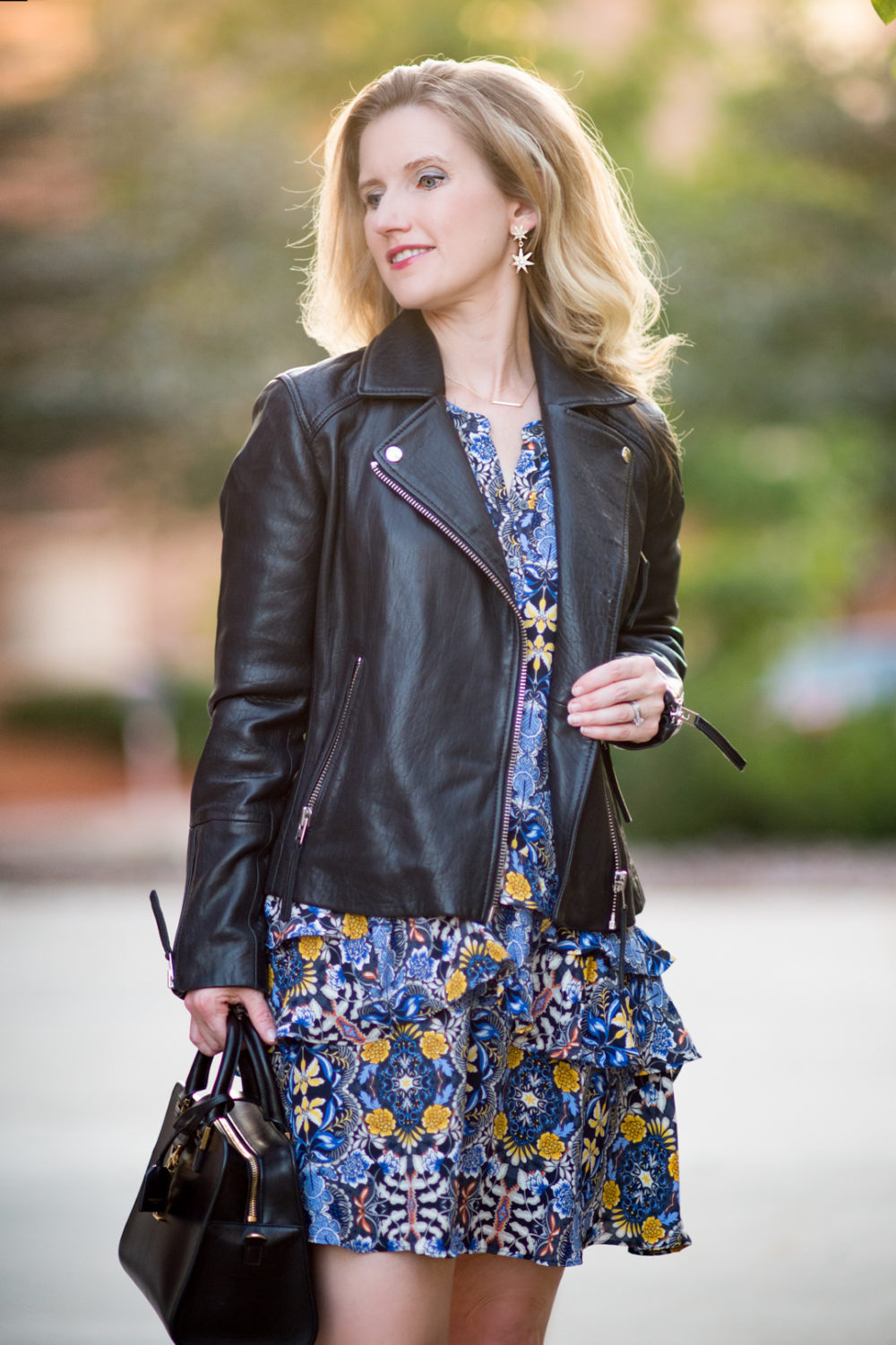 Petite Fashion and Style Blog | Loft Autumn Dream Shirtdress | Black Leather Moto Jacket | Ann Taylor Larissa Velvet Stretch Booties | Click to Read More... - 4 Of My Favorite Fall Trends by popular Michigan petite fashion blogger The Blue Hydrangeas