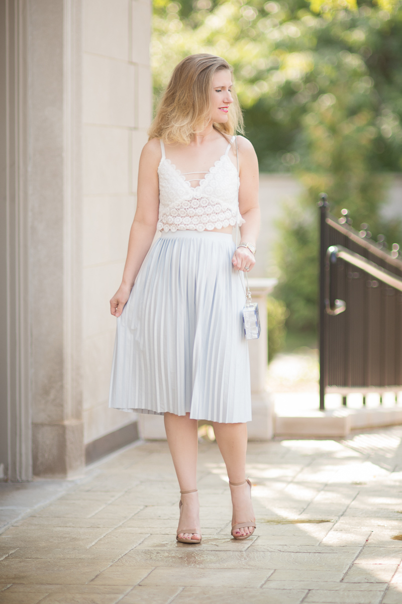 Petite Fashion and Style Blog | Misguided Circle Lace Crop Top | Topshop Pleated Midi Skirt | Milly Acrylic & Glitter Box Clutch | Click to Read More...