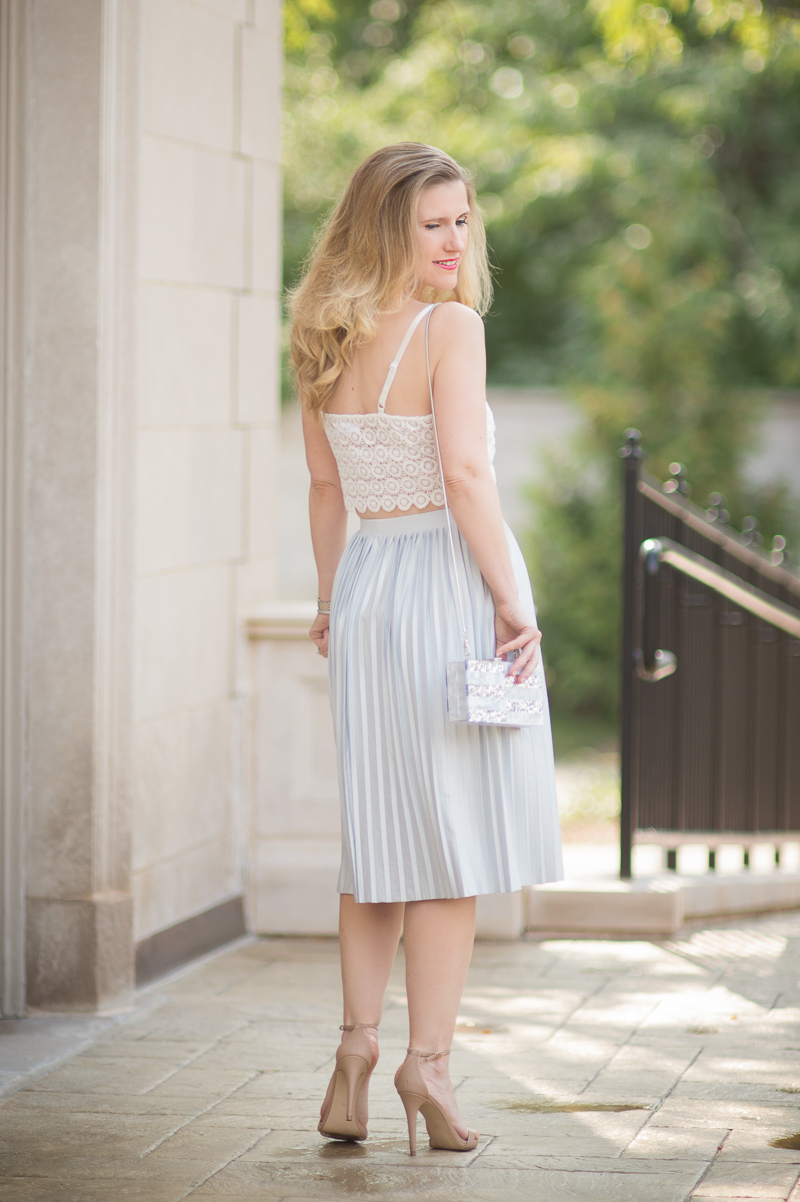 Petite Fashion and Style Blog | Misguided Circle Lace Crop Top | Topshop Pleated Midi Skirt | Milly Acrylic & Glitter Box Clutch