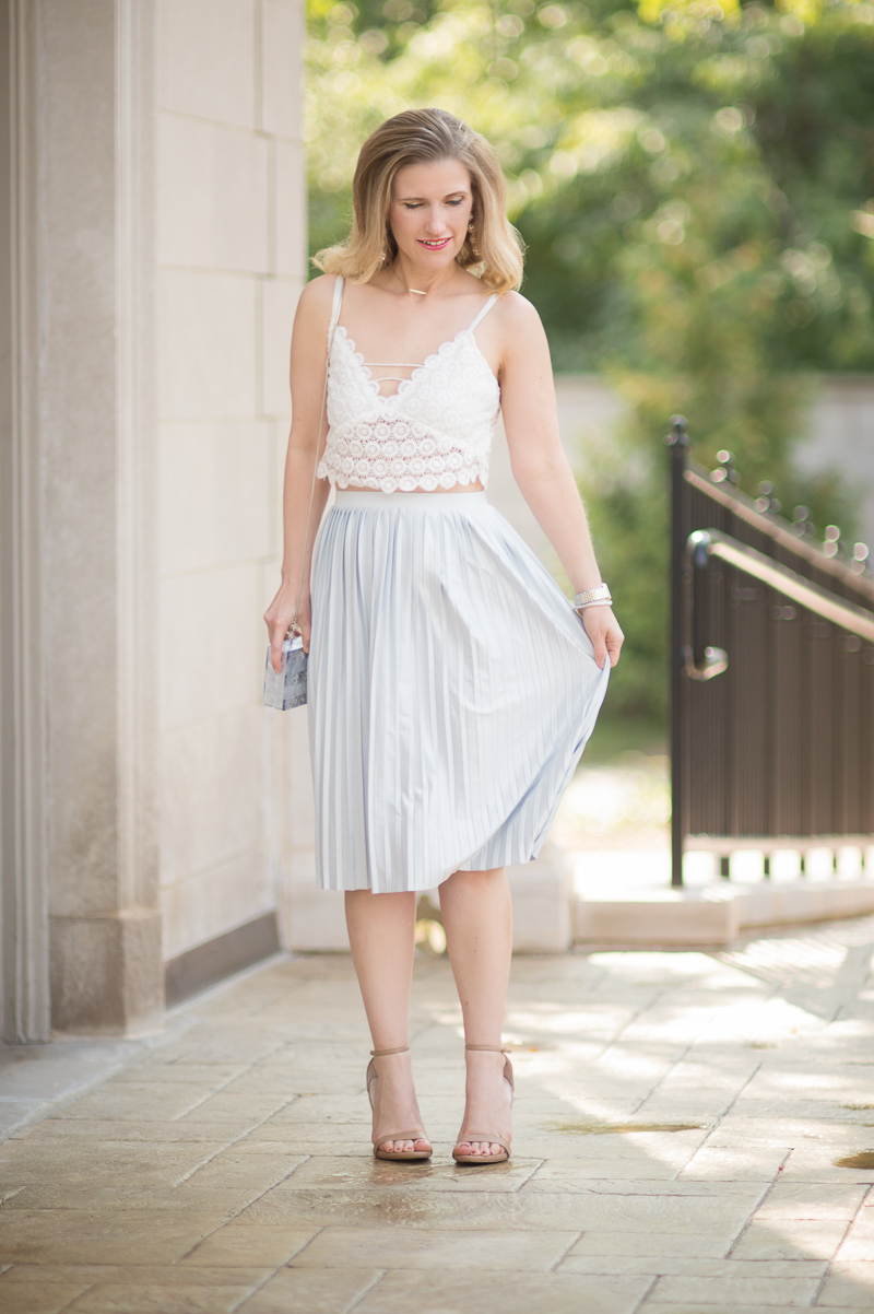 Petite Fashion and Style Blog | Misguided Circle Lace Crop Top | Topshop Pleated Midi Skirt | Milly Acrylic & Glitter Box Clutch