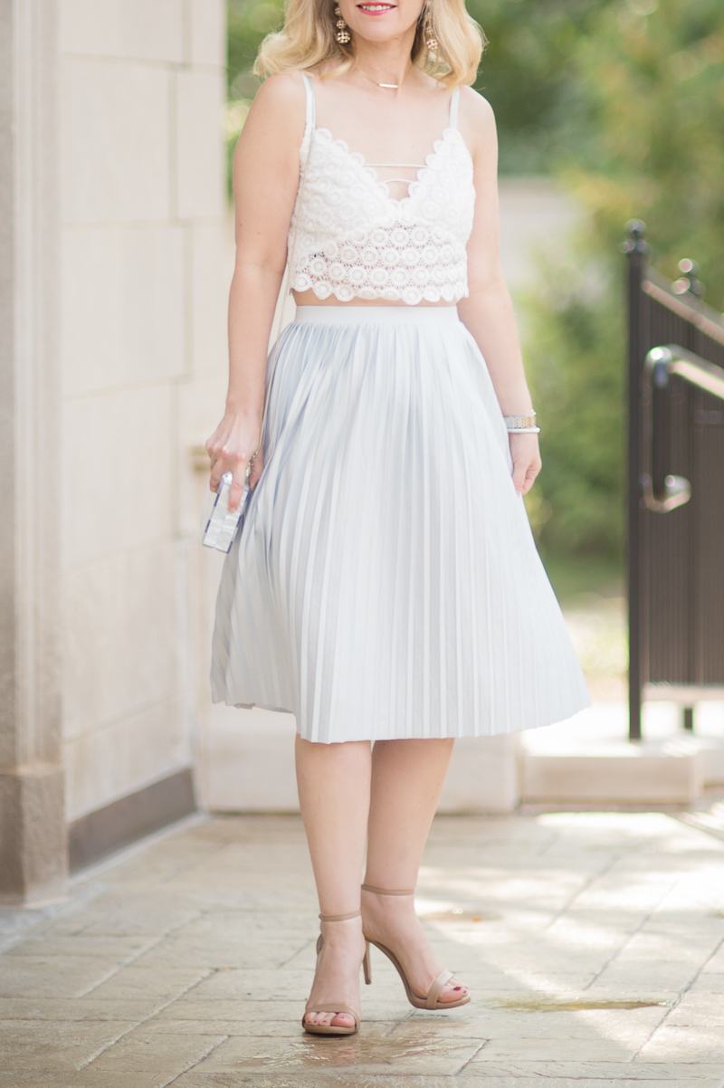 Petite Fashion and Style Blog | Misguided Circle Lace Crop Top | Topshop Pleated Midi Skirt | Milly Acrylic & Glitter Box Clutch