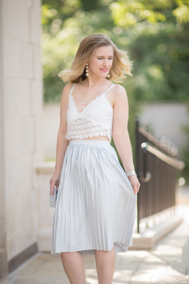 Petite Fashion and Style Blog | Misguided Circle Lace Crop Top | Topshop Pleated Midi Skirt | Milly Acrylic & Glitter Box Clutch