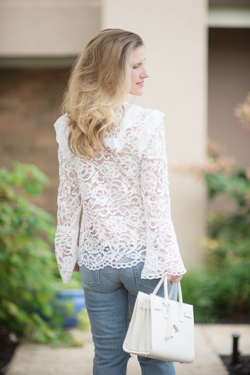 Petite Fashion and Style Blog | WAYF Women's Lydia Lace Ruffle Trim Blouse | X Revolve Petite Naomi High-Rise Jean | YSL Baby Sac du Jour | Click to Read More... - The One White Lace Top You Need by Michigan petite fashion blogger The Blue Hydrangeas