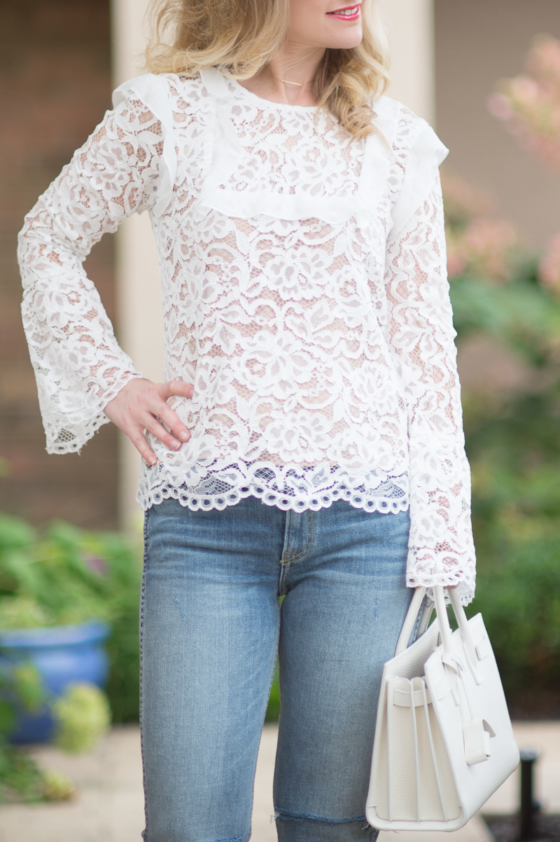 Petite Fashion and Style Blog | WAYF Women's Lydia Lace Ruffle Trim Blouse | X Revolve Petite Naomi High-Rise Jean | YSL Baby Sac du Jour | Click to Read More... - The One White Lace Top You Need by Michigan petite fashion blogger The Blue Hydrangeas