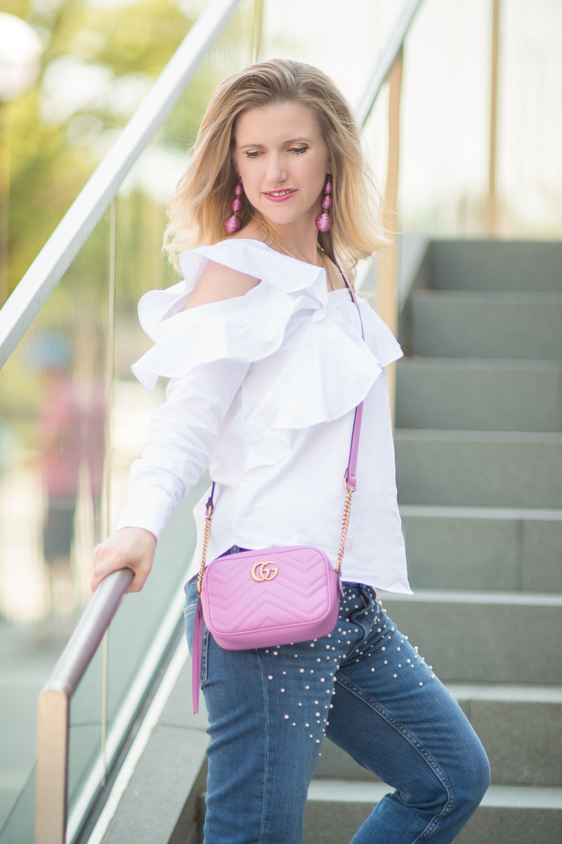 Petite Fashion and Style Blog | Zara Pearl Embellished Jeans | Stylekeepers Look of Love Off Shoulder Top | Gucci Marmont metelasse mini bag | Click to Read More... - Petite Pearl Jeans styled by popular Michigan petite fashion blogger The Blue Hydrangeas