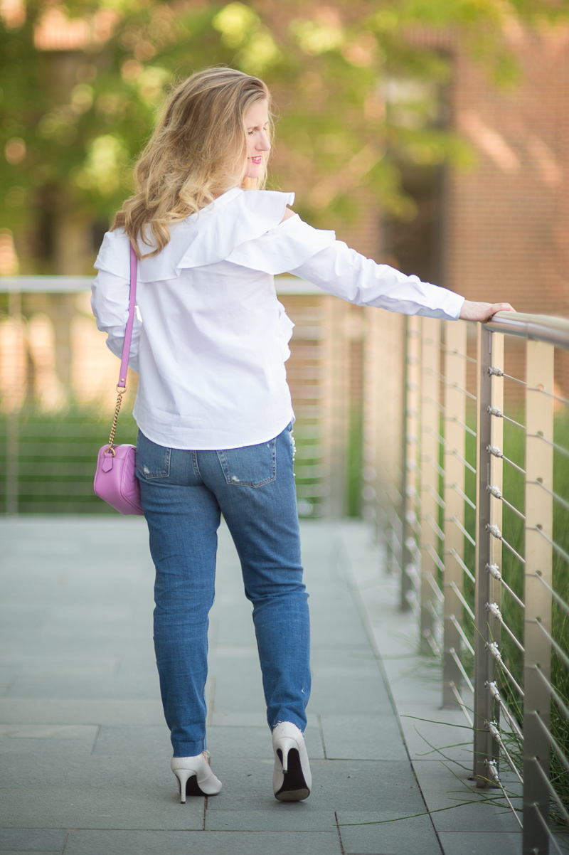 Petite Fashion and Style Blog | Zara Pearl Embellished Jeans | Stylekeepers Look of Love Off Shoulder Top | Gucci Marmont metelasse mini bag | Click to Read More... - Petite Pearl Jeans styled by popular Michigan petite fashion blogger The Blue Hydrangeas