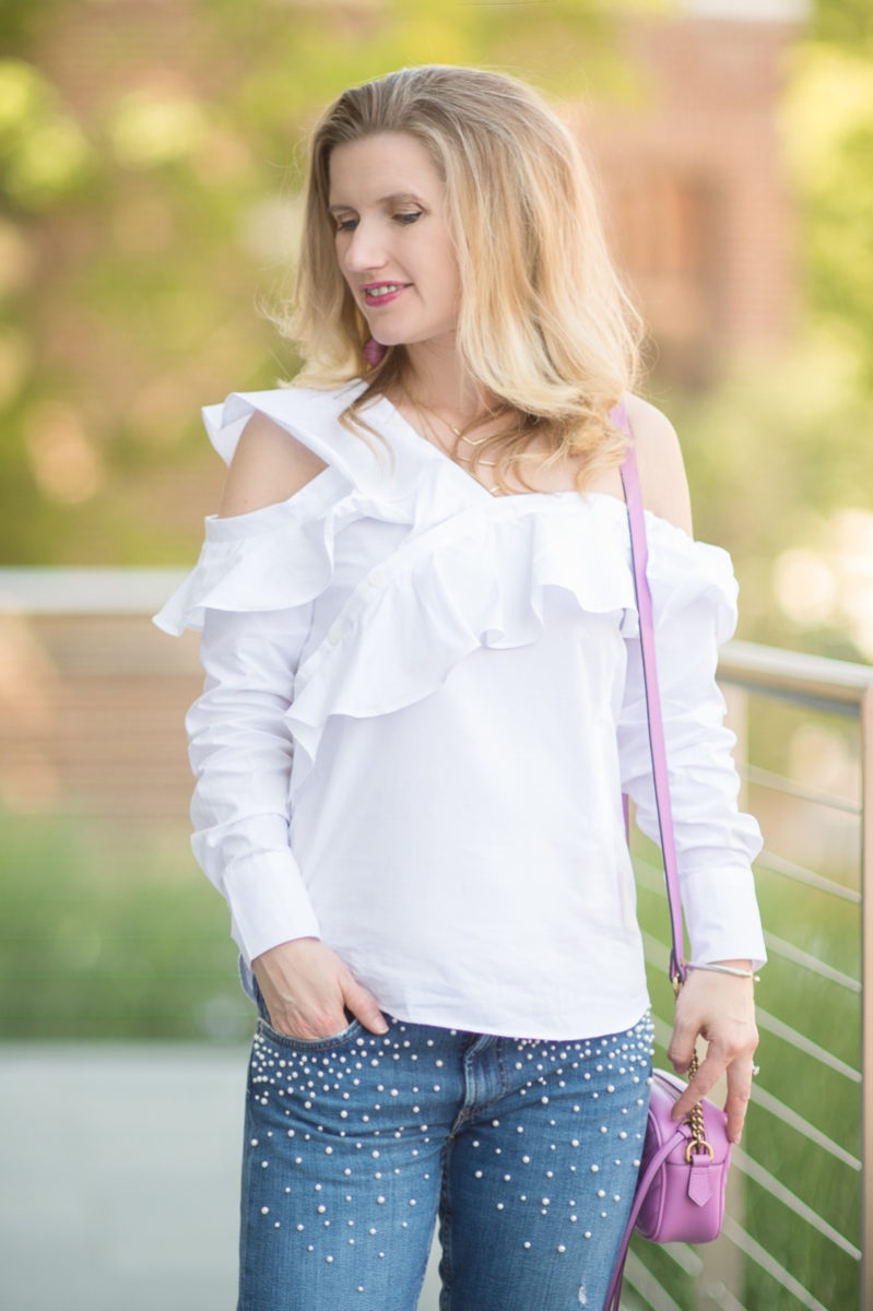 Petite Fashion and Style Blog | Zara Pearl Embellished Jeans | Stylekeepers Look of Love Off Shoulder Top | Gucci Marmont metelasse mini bag | Click to Read More...