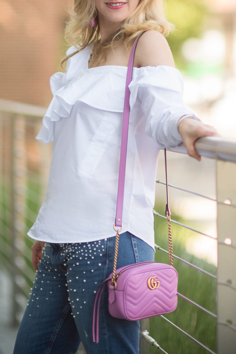 Petite Fashion and Style Blog | Zara Pearl Embellished Jeans | Stylekeepers Look of Love Off Shoulder Top | Gucci Marmont metelasse mini bag | Click to Read More...