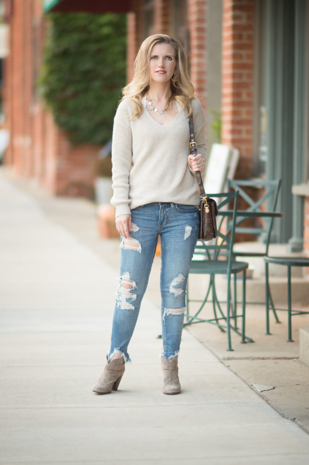 Petite Fashion and Style Blog | BP V. Neck Sweater | Express Mid Rise Distressed Performance Ankle Jeans | Rag and Bone Harrow Boots | Click to Read More... - 8 Fall Sweaters Under $50 by popular Michigan petite fashion blogger The Blue Hydrangeas