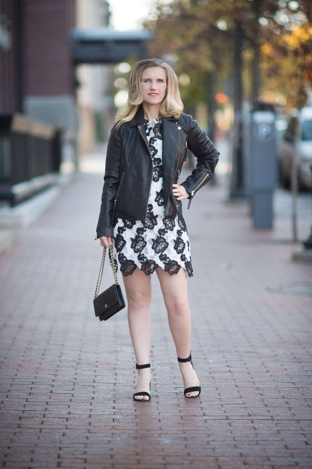 Petite Fashion and Style Blog | Chicwish Timeless Delicacy Crochet Dress | Topshop Leather Biker Jacket | Ann Taylor Leda Block Heel | Click to Read More... - Leather Moto Jacket styled by popular Michigan petite fashion blogger The Blue Hydrangeas