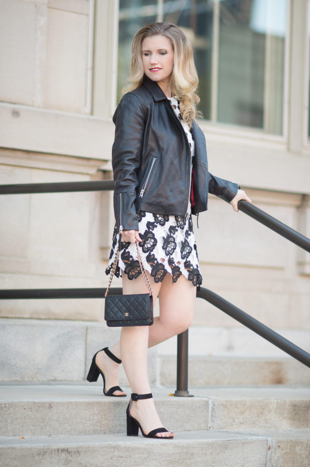 Petite Fashion and Style Blog | Chicwish Timeless Delicacy Crochet Dress | Topshop Leather Biker Jacket | Ann Taylor Leda Block Heel | Click to Read More... - Leather Moto Jacket styled by popular Michigan petite fashion blogger The Blue Hydrangeas