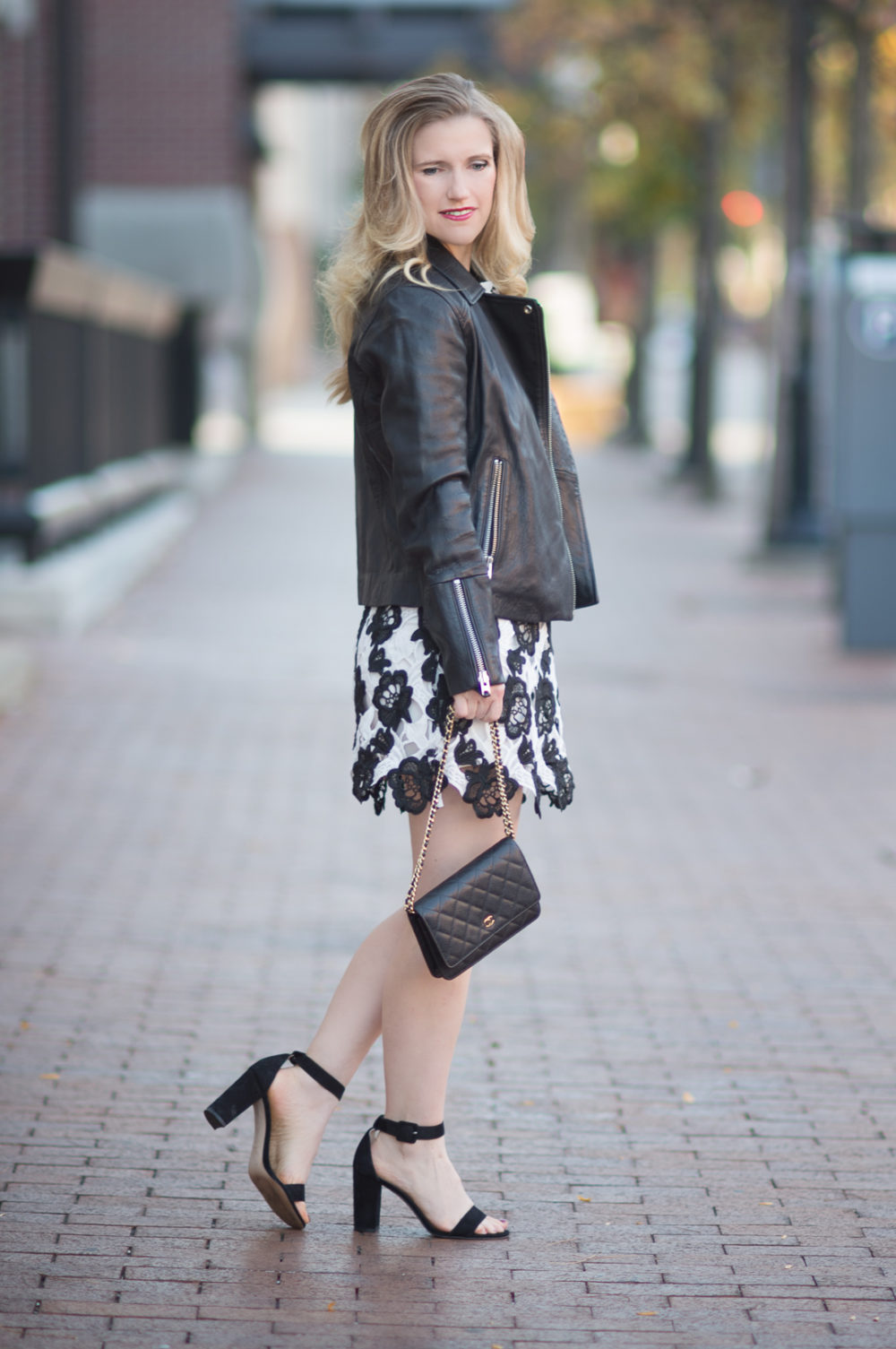 Petite Fashion and Style Blog | Chicwish Timeless Delicacy Crochet Dress | Topshop Leather Biker Jacket | Ann Taylor Leda Block Heel | Click to Read More... - Leather Moto Jacket styled by popular Michigan petite fashion blogger The Blue Hydrangeas