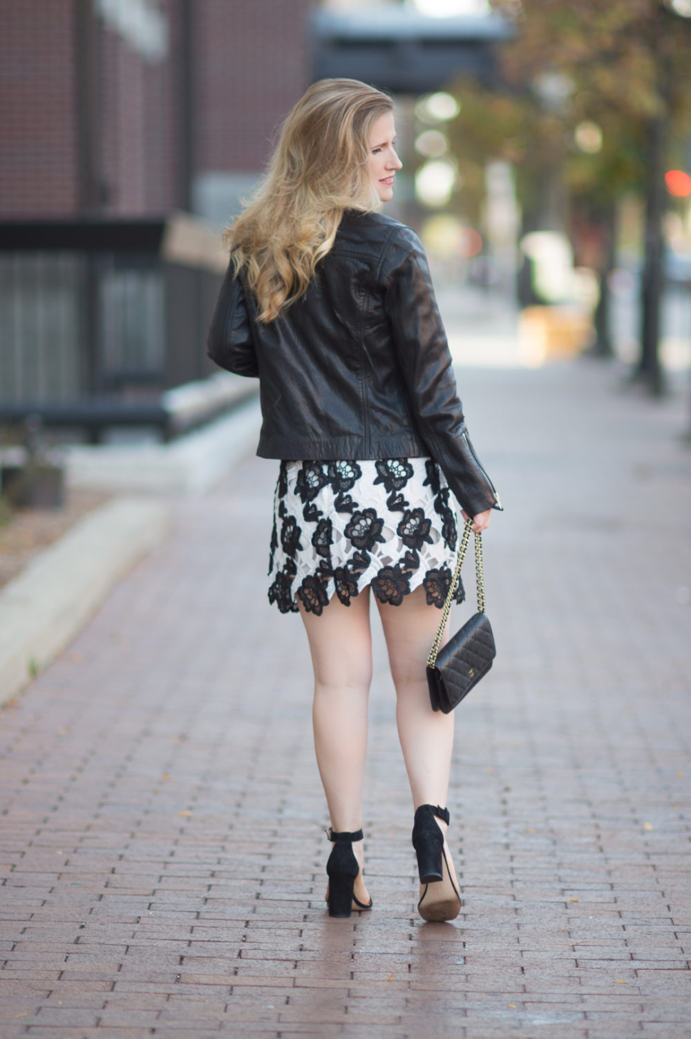 Petite Fashion and Style Blog | Chicwish Timeless Delicacy Crochet Dress | Topshop Leather Biker Jacket | Ann Taylor Leda Block Heel | Click to Read More... - Leather Moto Jacket styled by popular Michigan petite fashion blogger The Blue Hydrangeas