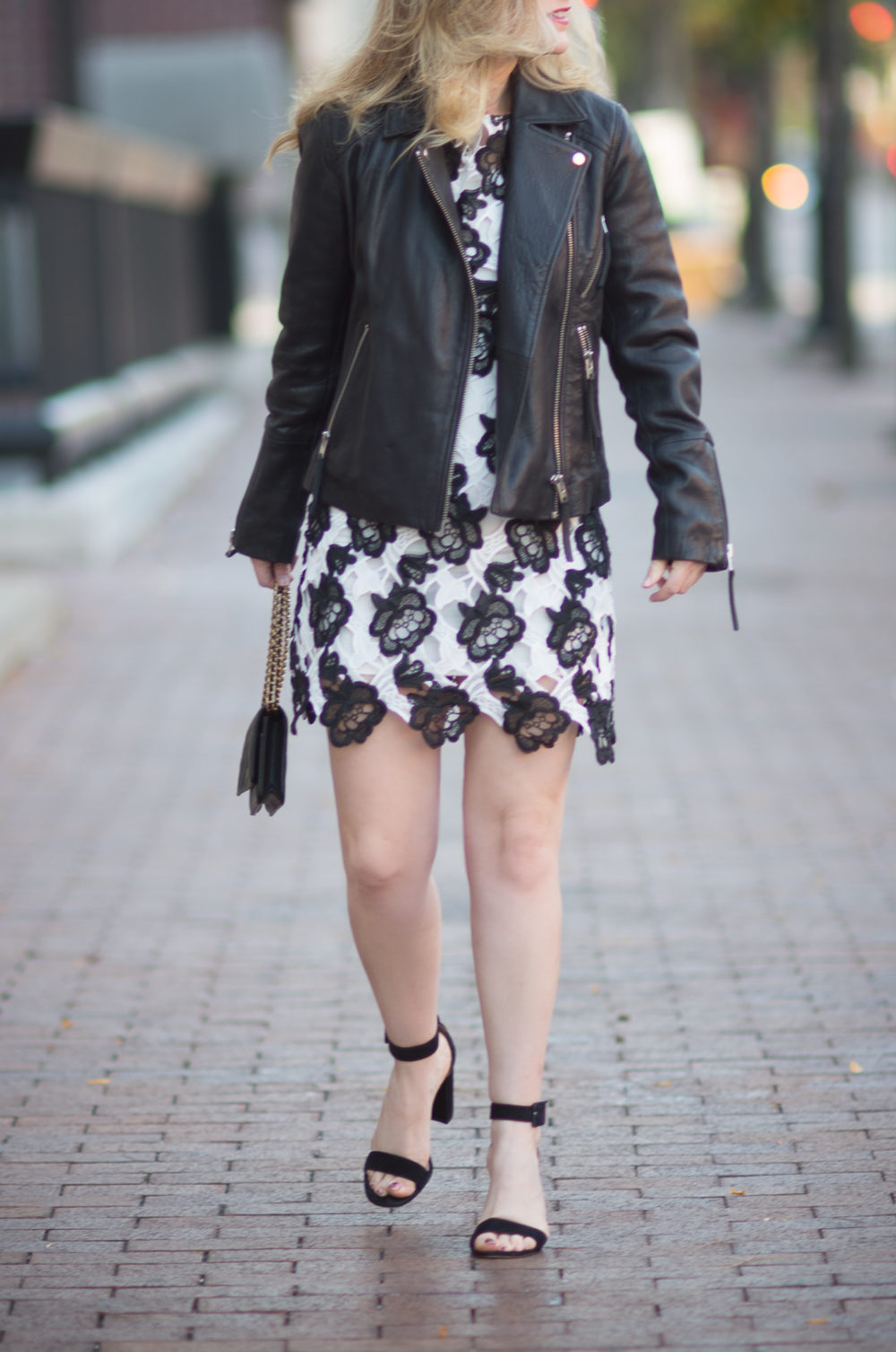 Petite Fashion and Style Blog | Chicwish Timeless Delicacy Crochet Dress | Topshop Leather Biker Jacket | Ann Taylor Leda Block Heel | Click to Read More... - Leather Moto Jacket styled by popular Michigan petite fashion blogger The Blue Hydrangeas